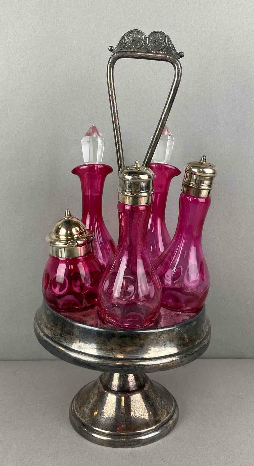 Antique Metal 5 Piece Cranberry Coin Dot Cruet Set (1 of 4)