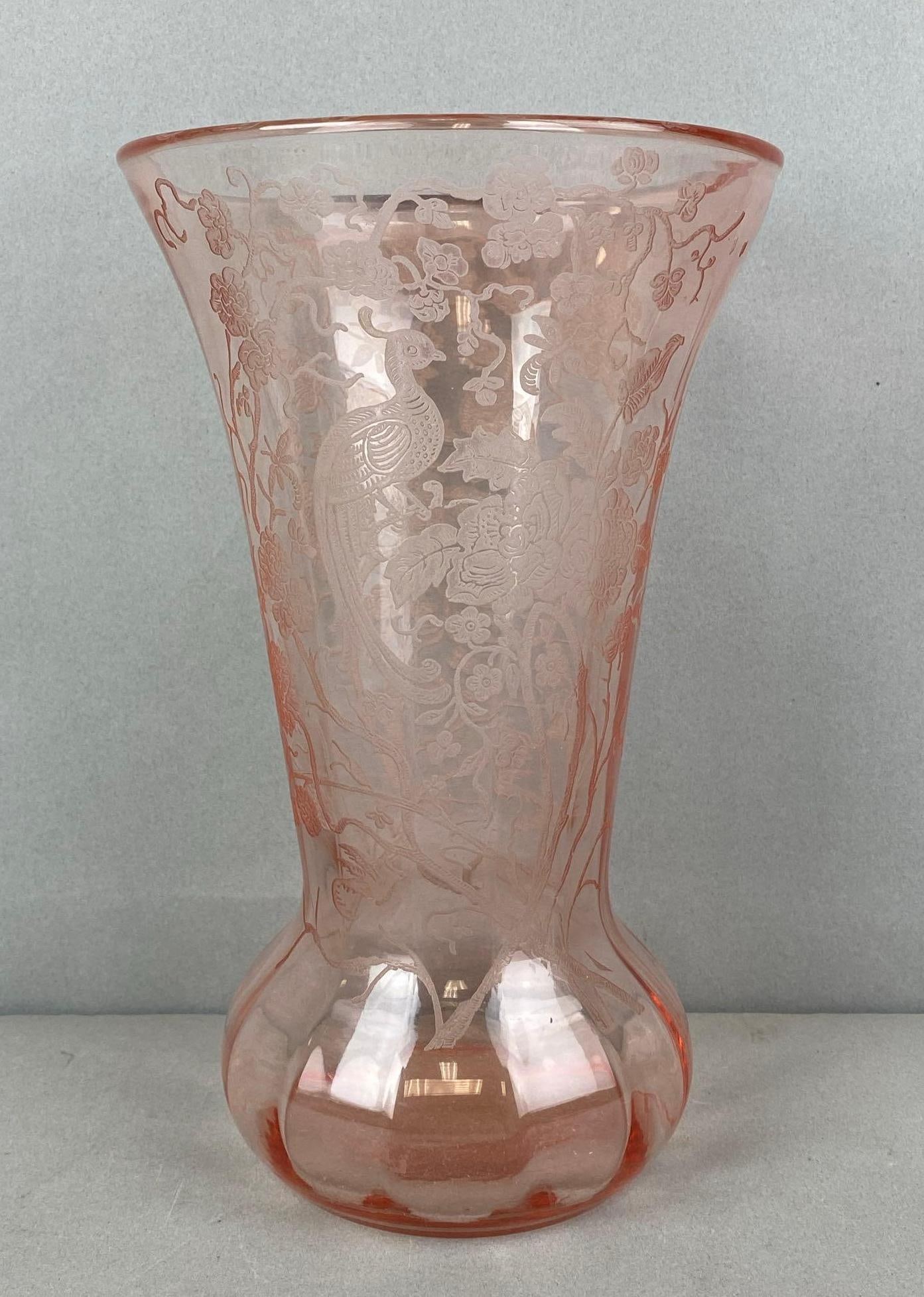 Paden City Pink Peacock and Wild Rose Depression Glass Vase (1 of 2)