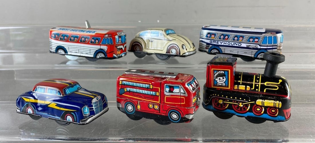 Group of 6 Vintage Japanese Tin Lithograph Wind Up Vehicles (1 of 3)