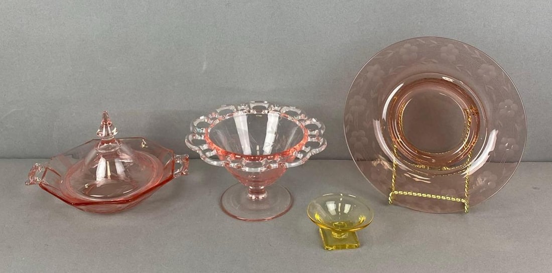 Group of 3 Etched Pink Depression Glass Items and More (1 of 2)