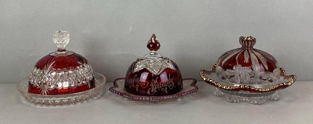 Group of 3 Antique Ruby Flash Glass Covered Dishes: In-House Shipping Option: If you would like to use our in-house shipping service, please select “Arrange My Own Shipping” when paying your invoice. After payment, our in-house shipping team wi