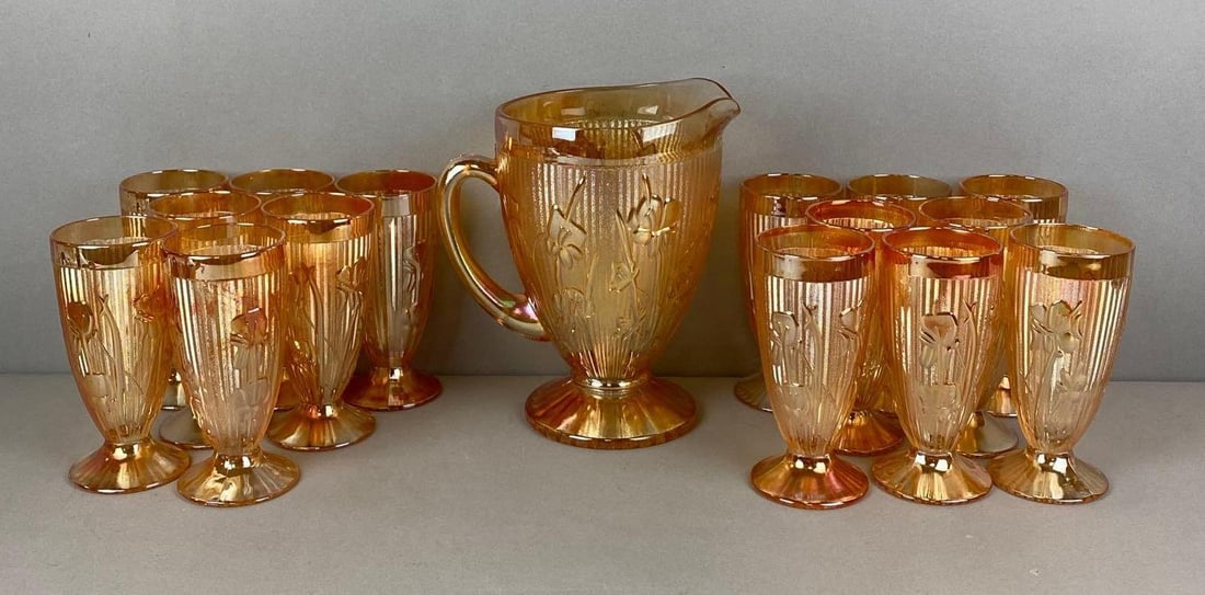 Vintage Jeanette Iris and Herringbone Iridescent Marigold Carnival Glass Pitcher and Footed Tumblers: In-House Shipping Option: If you would like to use our in-house shipping service, please select “Arrange My Own Shipping” when paying your invoice. After payment, our in-house shipping team wi