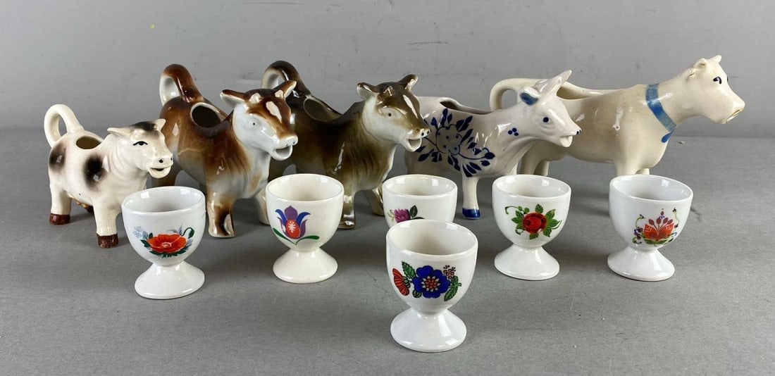 Group of Assorted Cow Creamers and Egg Holders: In-House Shipping Option: If you would like to use our in-house shipping service, please select “Arrange My Own Shipping” when paying your invoice. After payment, our in-house shipping team