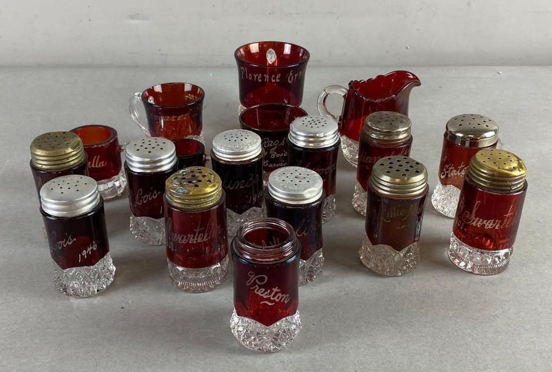 Group of Assorted Ruby Stained Glass Souvenir Salt Shakers and More: In-House Shipping Option: If you would like to use our in-house shipping service, please select “Arrange My Own Shipping” when paying your invoice. After payment, our in-house shipping team wi