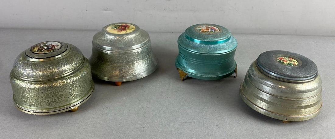 Group of 4 Wind Up Musical Powder Puff Boxes: In-House Shipping Option: If you would like to use our in-house shipping service, please select “Arrange My Own Shipping” when paying your invoice. After payment, our in-house shipping team wi