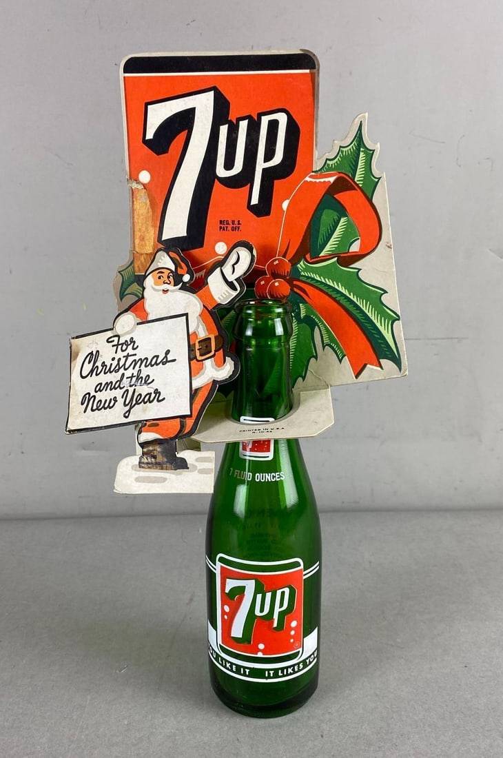 Vintage 1950’s 7 Up Bottle With Christmas Advertising Topper: In-House Shipping Option: If you would like to use our in-house shipping service, please select “Arrange My Own Shipping” when paying your invoice. After payment, our in-house shipping team wi