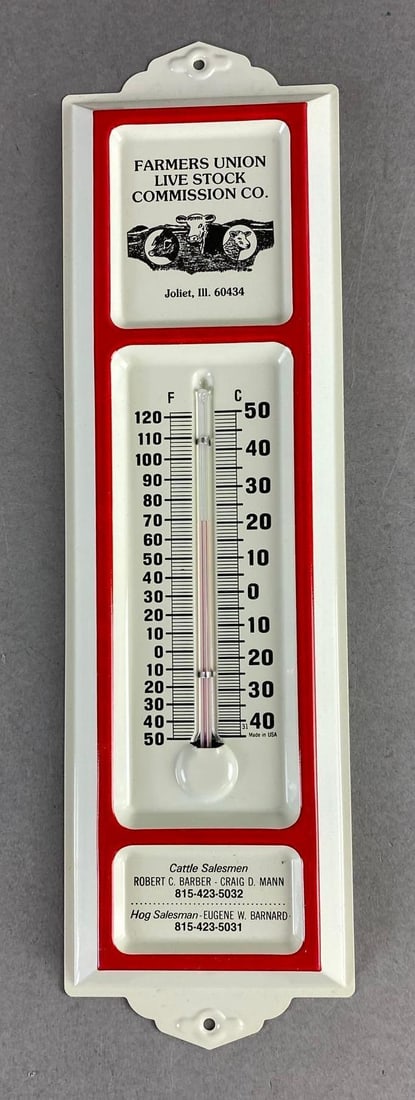 Vintage Farmer Union Stock Commission Co. Thermometer (1 of 2)