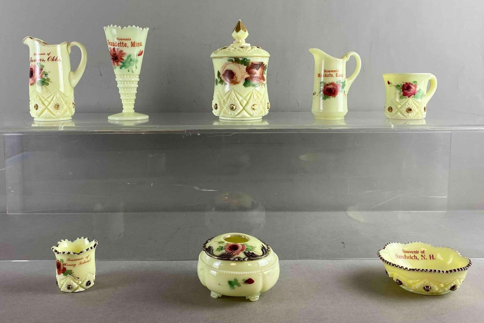 Group of Vintage Yellow Custard Uranium Souvenir Glassware: In-House Shipping Option: If you would like to use our in-house shipping service, please select “Arrange My Own Shipping” when paying your invoice. After payment, our in-house shipping team wi