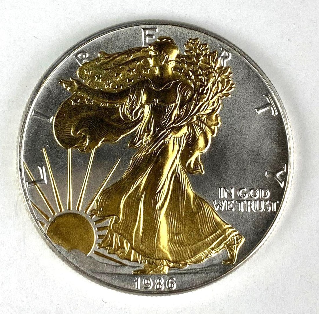1986 US $1 Gilded American Silver Eagle 1 oz .999 Fine Silver Coin (1 of 2)