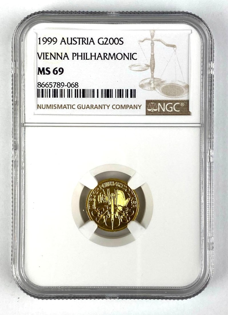 1999 Austria 200 Schillings Vienna Philharmonic 1/10th oz 9999 Gold NGC Graded MS69: In-House Shipping Option: If you would like to use our in-house shipping service, please select “Arrange My Own Shipping” when paying your invoice. After payment, our in-house shipping team wi