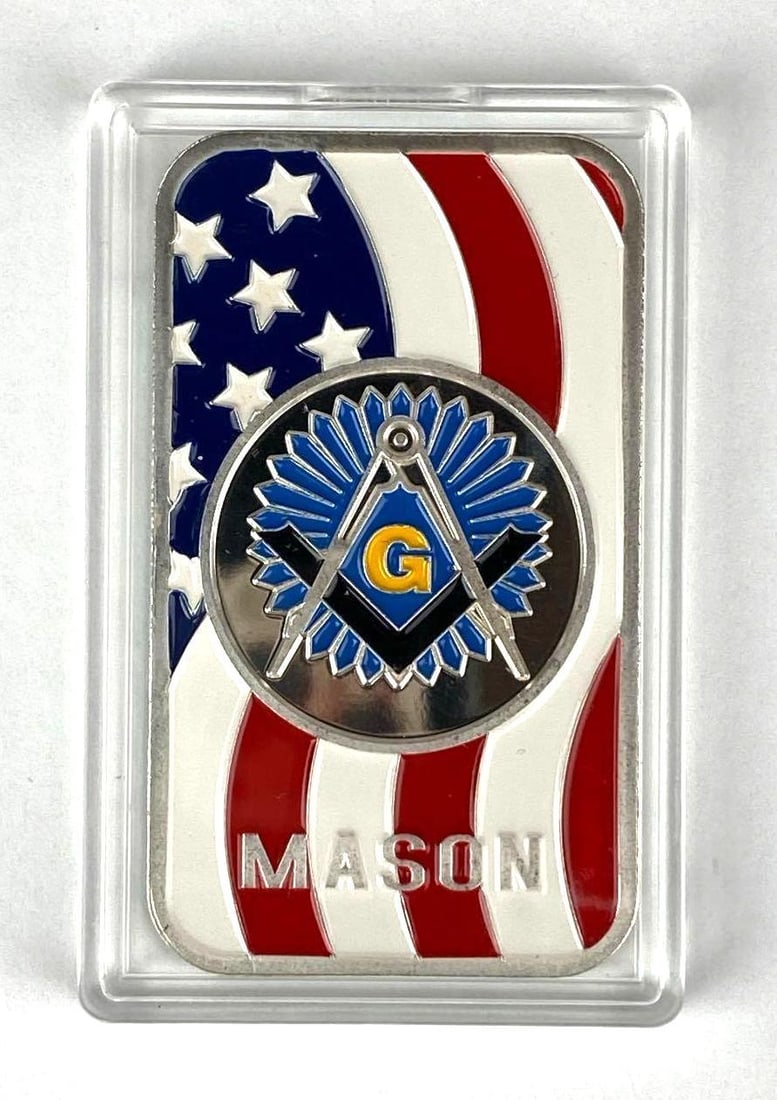Colorized American Flag Masonic 1 oz .999 Fine Silver Ingot/ Bar (1 of 2)