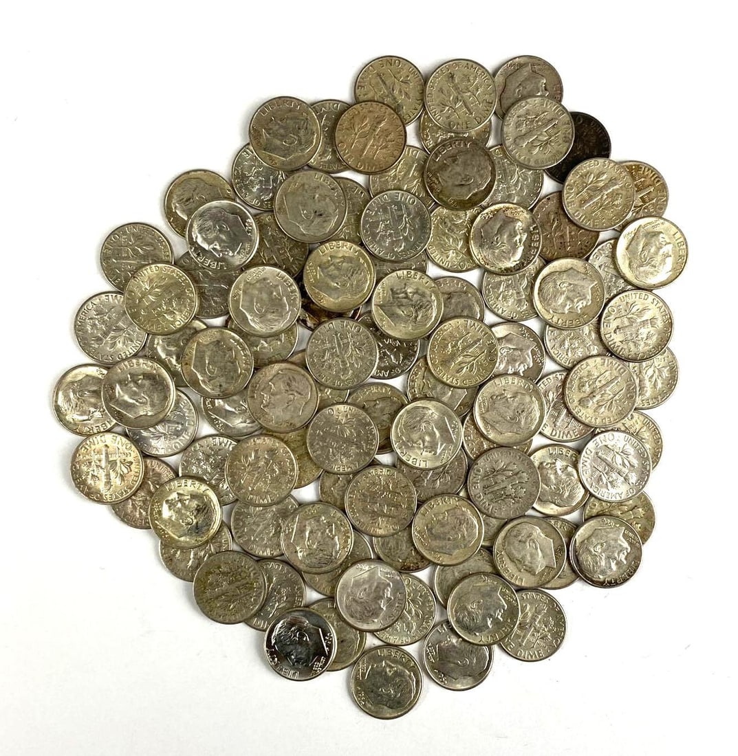 Group of 97 US Roosevelt 90% Silver Dimes (1 of 1)