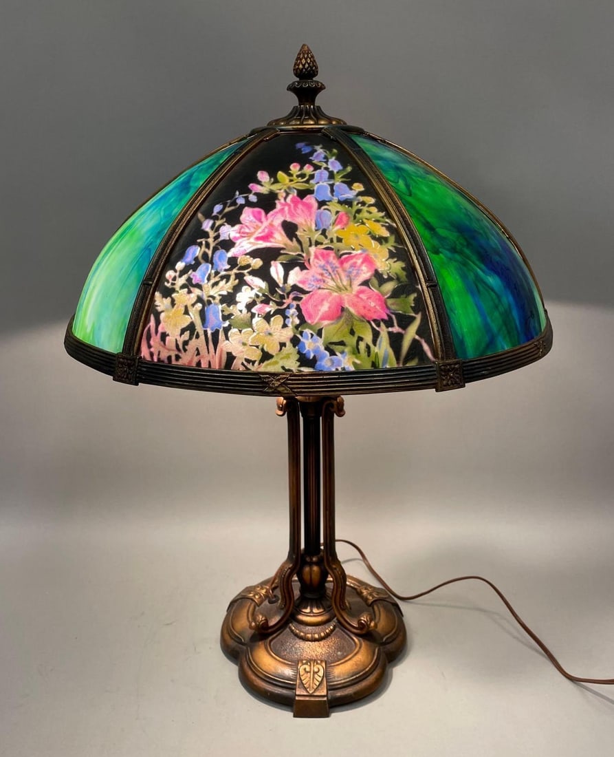 Beautiful Antique Slag Glass and R.O.G. Floral Table Lamp (1 of 8)