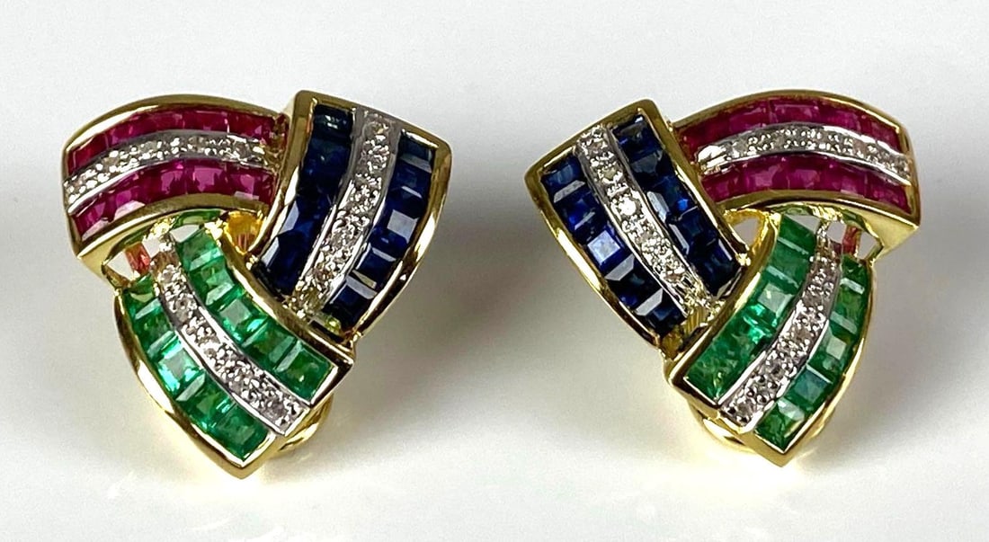 Pair of Signed 14K Yellow Gold Multi-Gem Cluster Clip Earrings: In-House Shipping Option: If you would like to use our in-house shipping service, please select “Arrange My Own Shipping” when paying your invoice. After payment, our in-house shipping team
