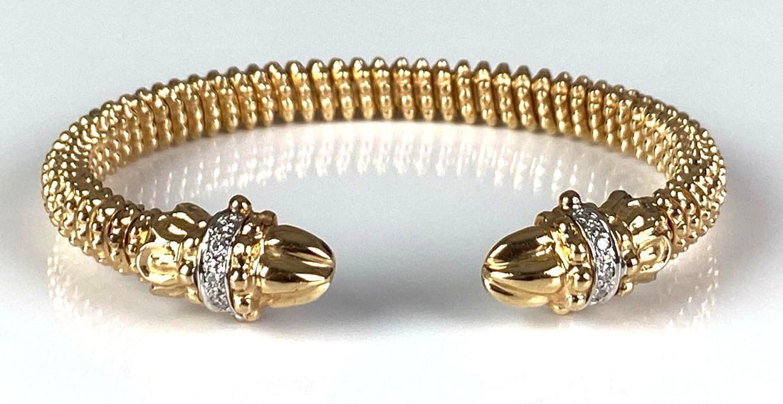 Alwand Vahan Signed 14K Yellow / White Gold Cuff Bracelet: In-House Shipping Option: If you would like to use our in-house shipping service, please select “Arrange My Own Shipping” when paying your invoice. After payment, our in-house shipping team