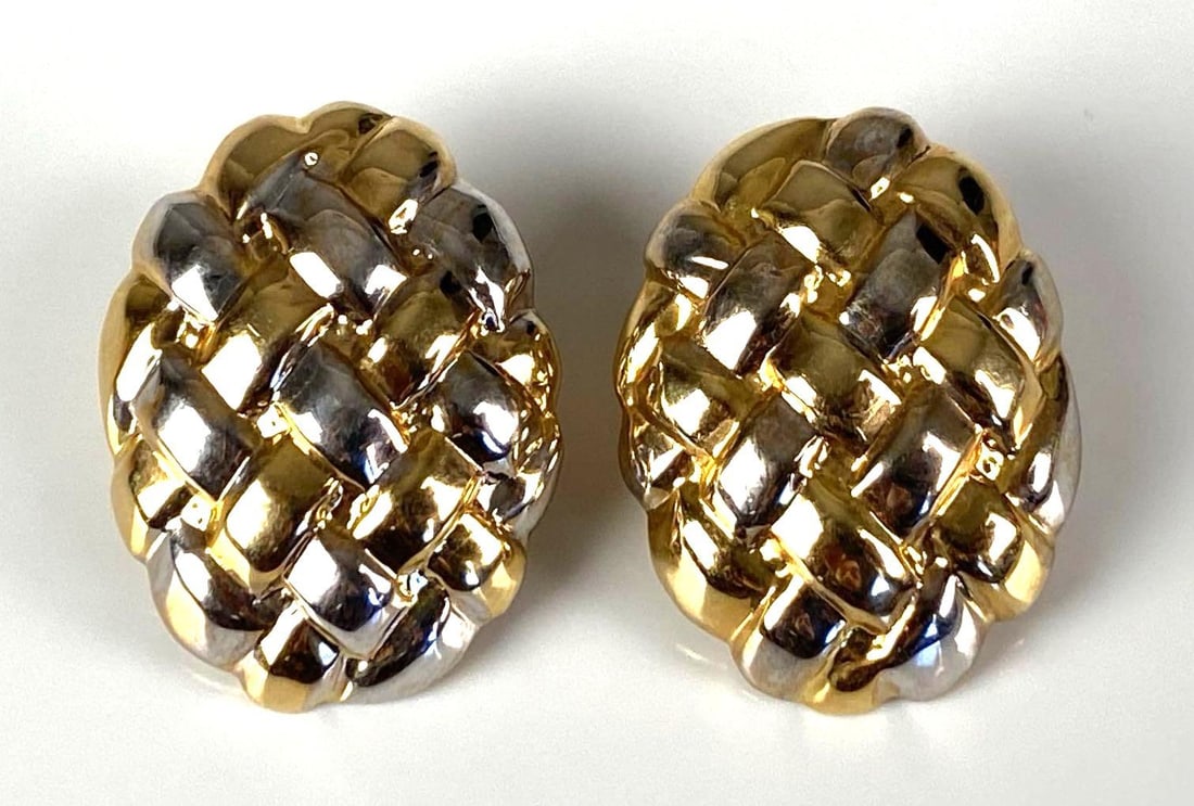 Pair of 14K Yellow / White Gold Basketweave Clip Earrings: In-House Shipping Option: If you would like to use our in-house shipping service, please select “Arrange My Own Shipping” when paying your invoice. After payment, our in-house shipping team