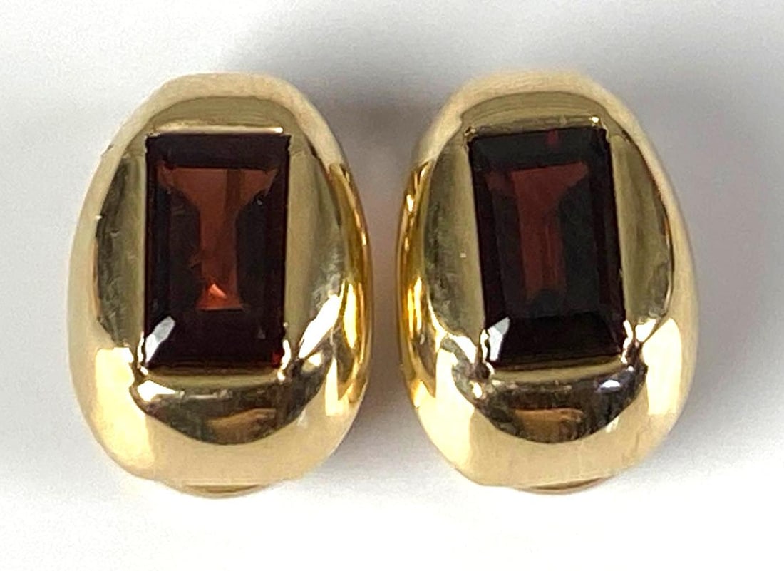 Pair of 14K Yellow Gold Garnet Clip Earrings: In-House Shipping Option: If you would like to use our in-house shipping service, please select “Arrange My Own Shipping” when paying your invoice. After payment, our in-house shipping team