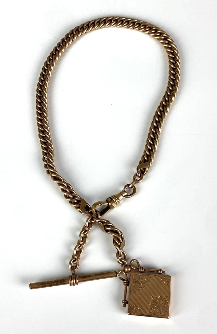Gold Filled Pocket Watch Chain With T Bar and Locket (1 of 2)
