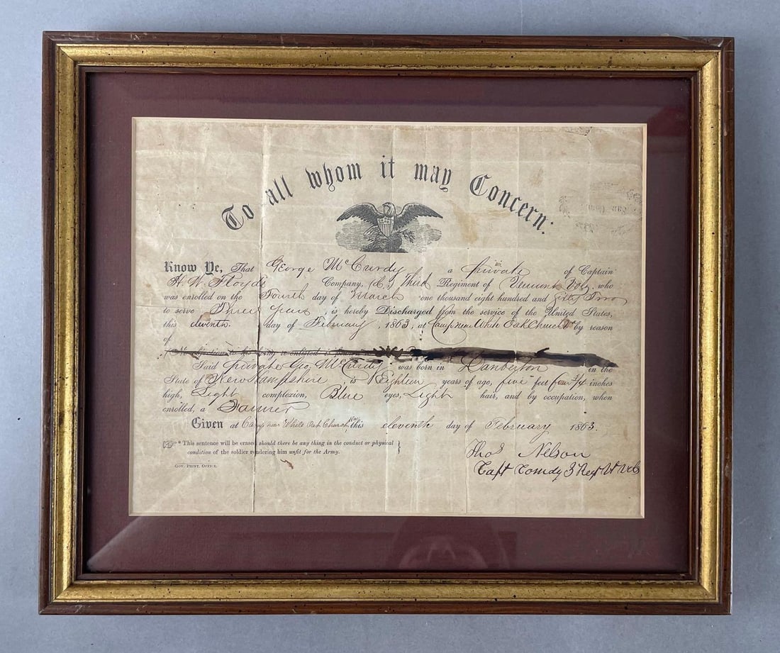 1863 Civil War Discharge Document (1 of 3)