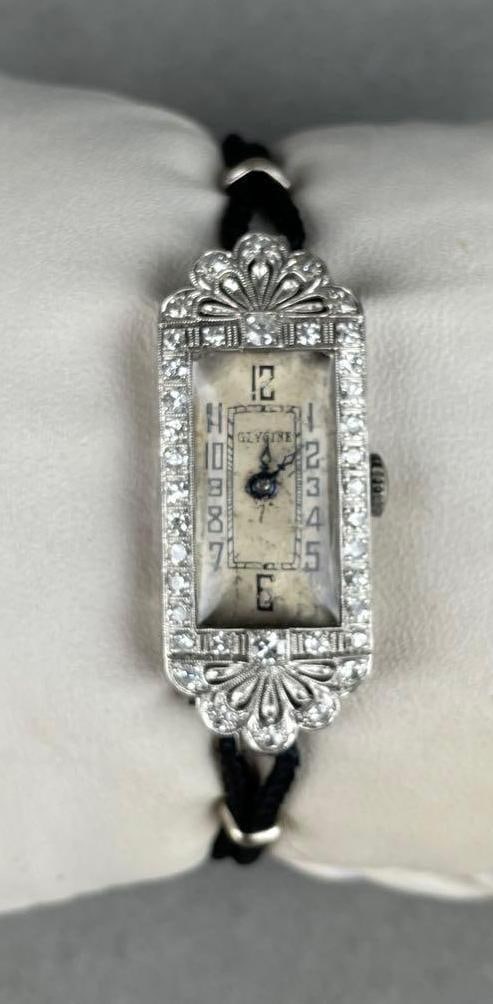 Antique Glycine Platinum and Diamond Ladies Wristwatch: In-House Shipping Option: If you would like to use our in-house shipping service, please select “Arrange My Own Shipping” when paying your invoice. After payment, our in-house shipping team
