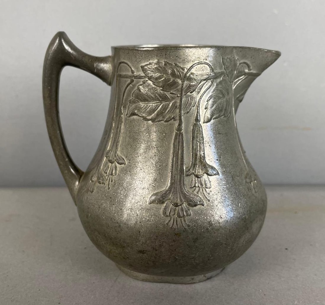 Antique German Kayser Pewter Floral Creamer: In-House Shipping Option: If you would like to use our in-house shipping service, please select “Arrange My Own Shipping” when paying your invoice. After payment, our in-house shipping team