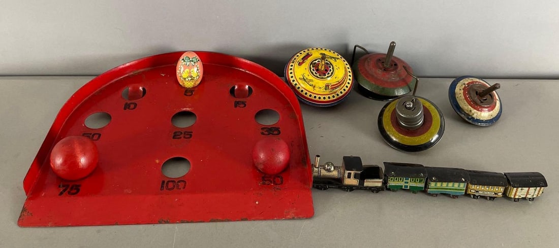 Group of Vintage Tin Litho Tops and More: In-House Shipping Option: If you would like to use our in-house shipping service, please select “Arrange My Own Shipping” when paying your invoice. After payment, our in-house shipping team wi