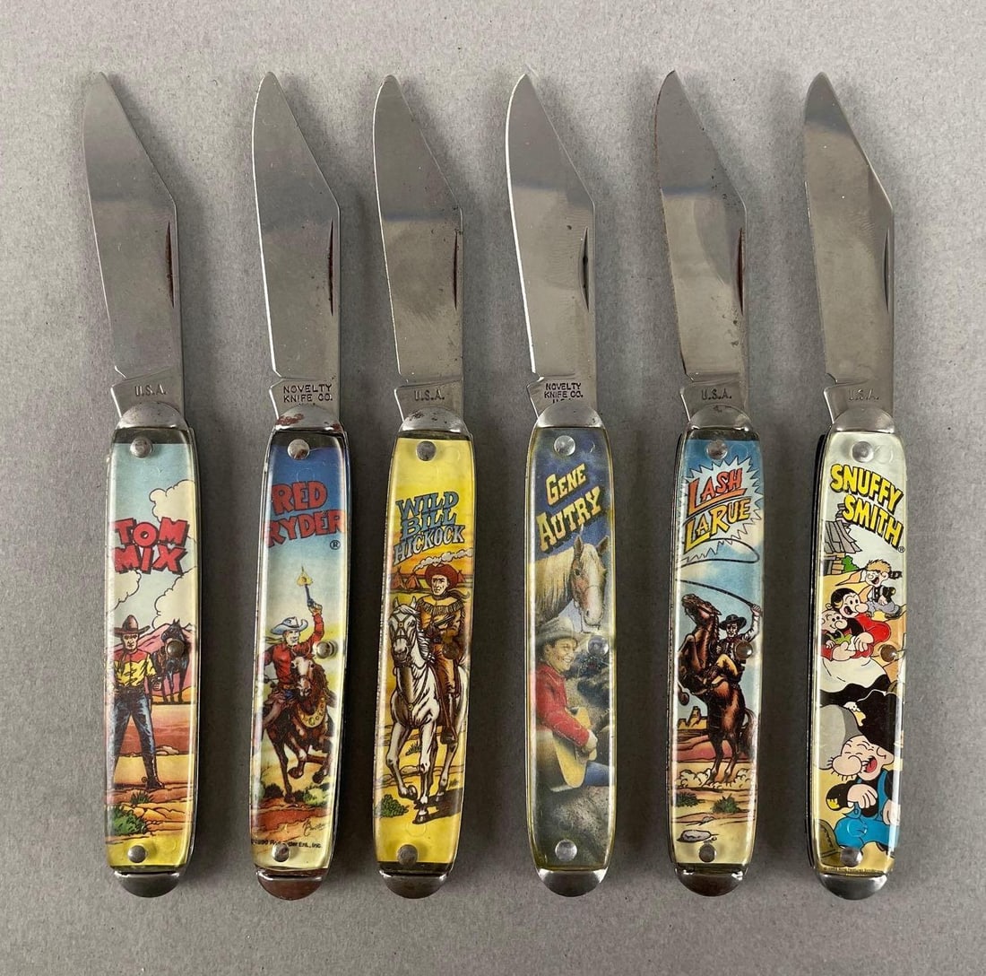 Group of 1990s Novelty Cowboy Folding Knives: In-House Shipping Option: If you would like to use our in-house shipping service, please select “Arrange My Own Shipping” when paying your invoice. After payment, our in-house shipping team wi