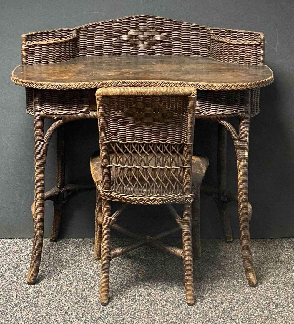 Antique Wicker and Wood Desk and Chair Set (1 of 4)