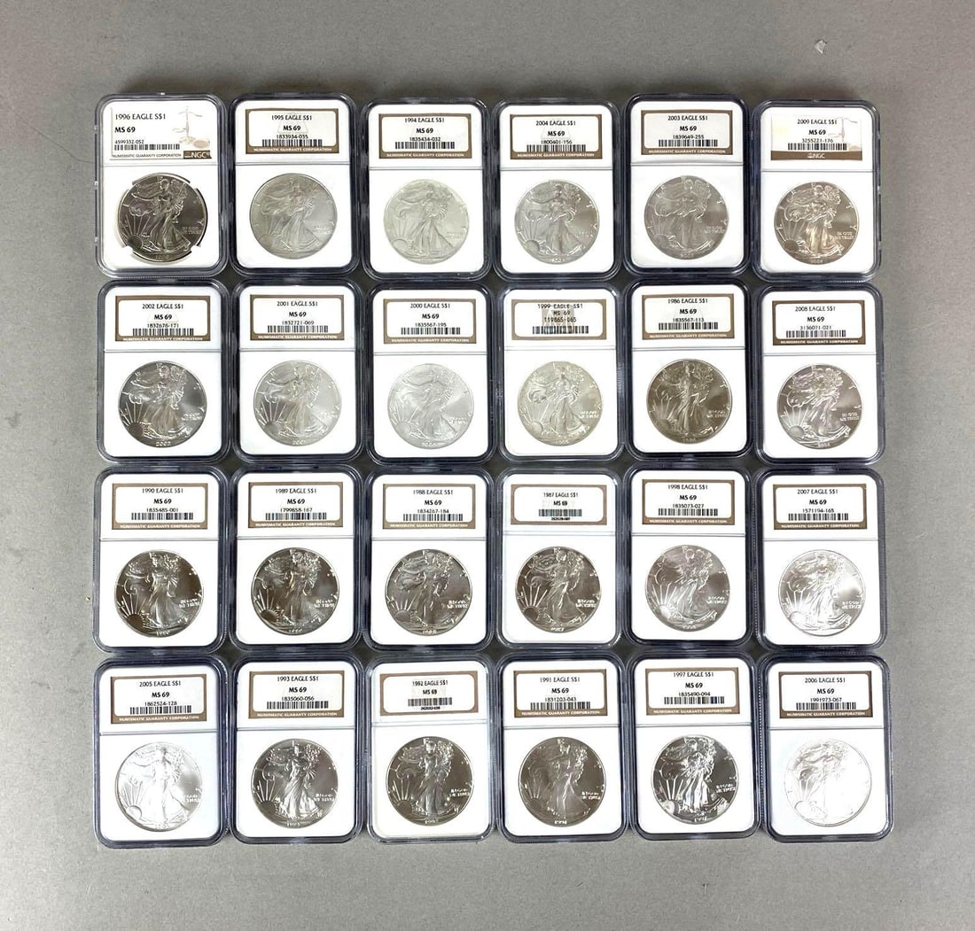 Group of 24 US Mint $1 American Silver Eagle 1 oz Fine Silver NGC Graded MS69 Coins (1 of 2)
