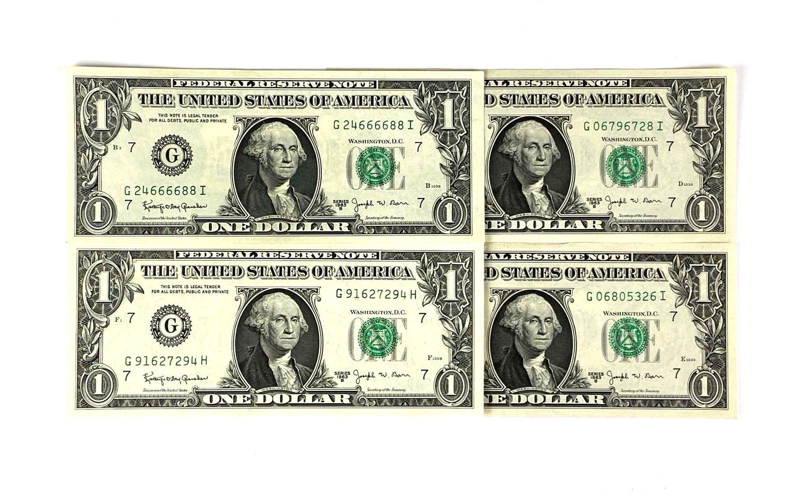 Group of 4 US 1963 B $1 Green Seal Federal Reserve Notes (1 of 2)