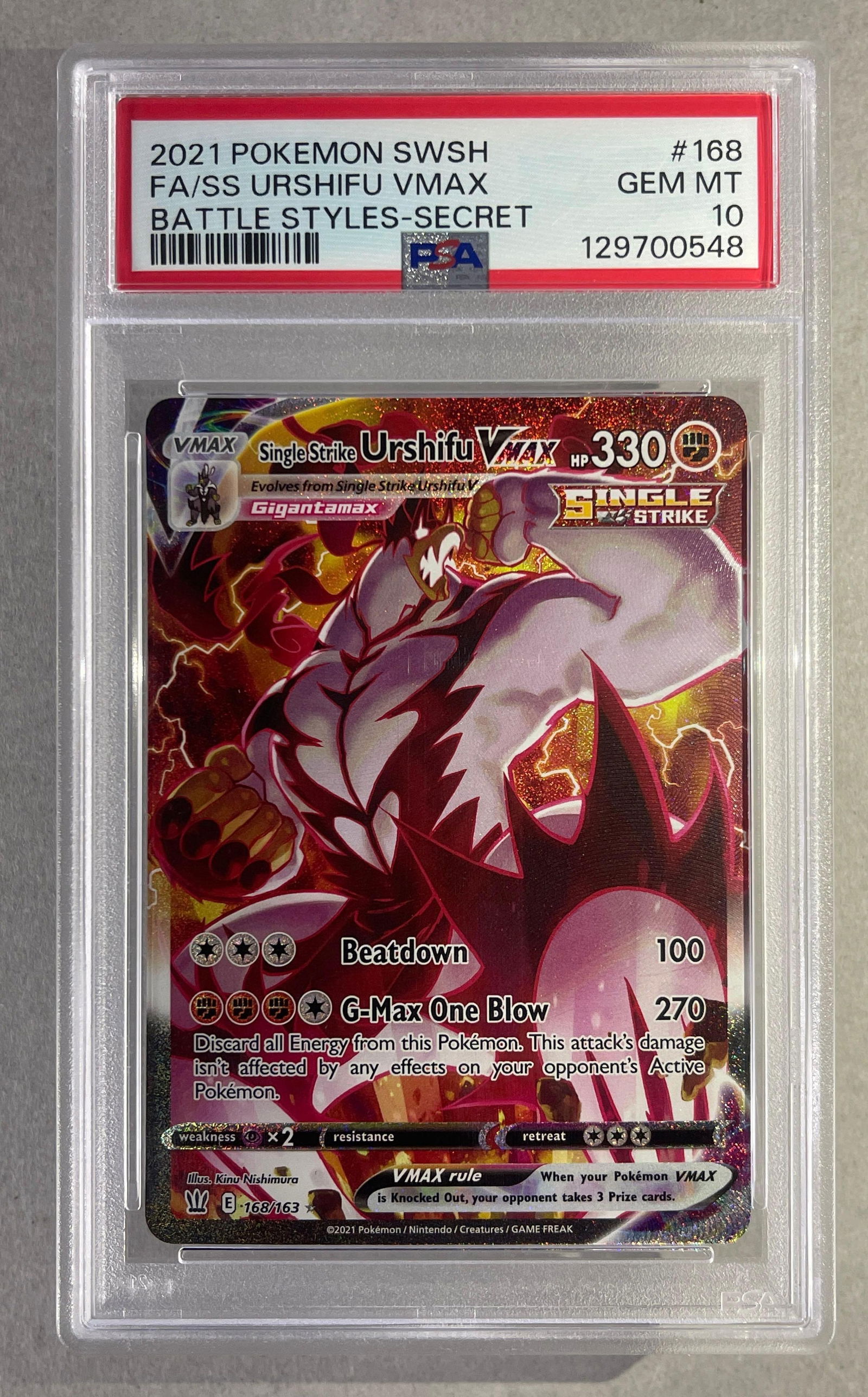 2021 Pokemon SWSH Urshifu VMax #168 PSA 10: Secret Rare 2021 Pokemon SWSH Singe Strike Urshifu VMax Battle Styles #168 PSA 10