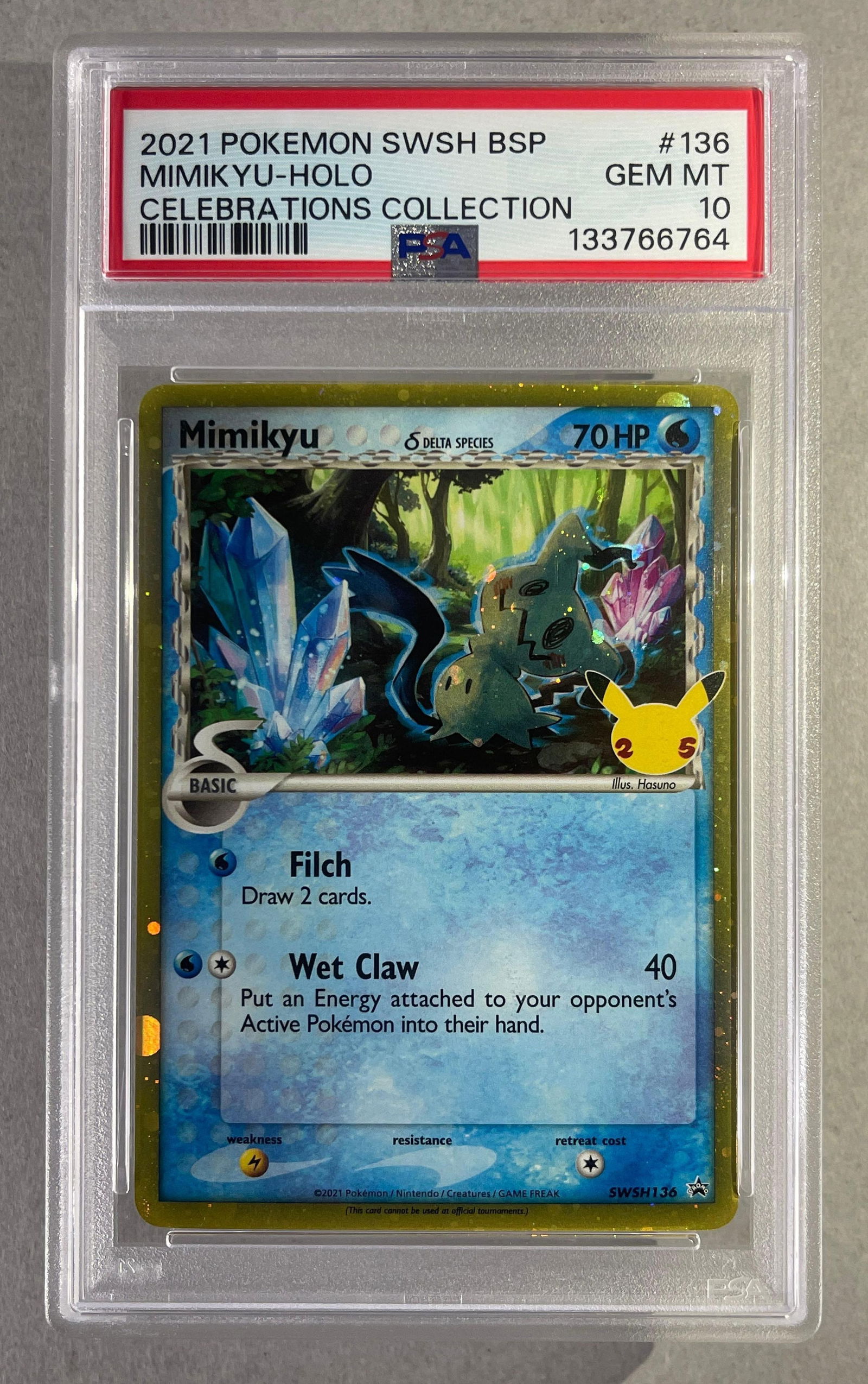 2021 Pokemon SWSH BSP Mimikyu - Holo #136 PSA 10: 2021 Pokemon SWSH Black Star Promo Mimikyu - Holo, Celecrations Collection, #136 PSA 10