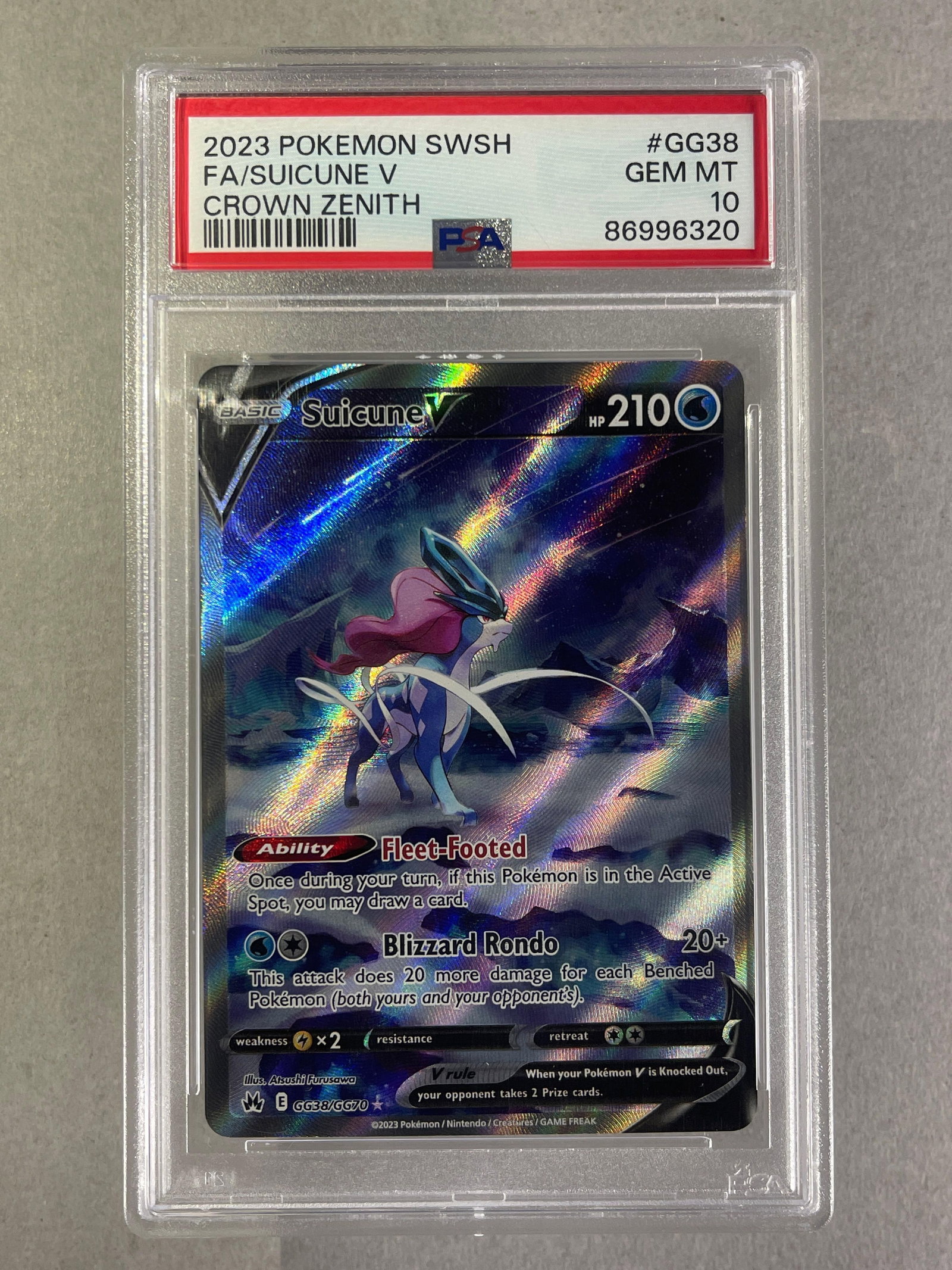 2023 Pokemon SWSH FA Suicune V #GG38 PSA 10: 2023 Pokemon SWSH Full Art Suicune V, Crown Zenith #GG38 PSA 10