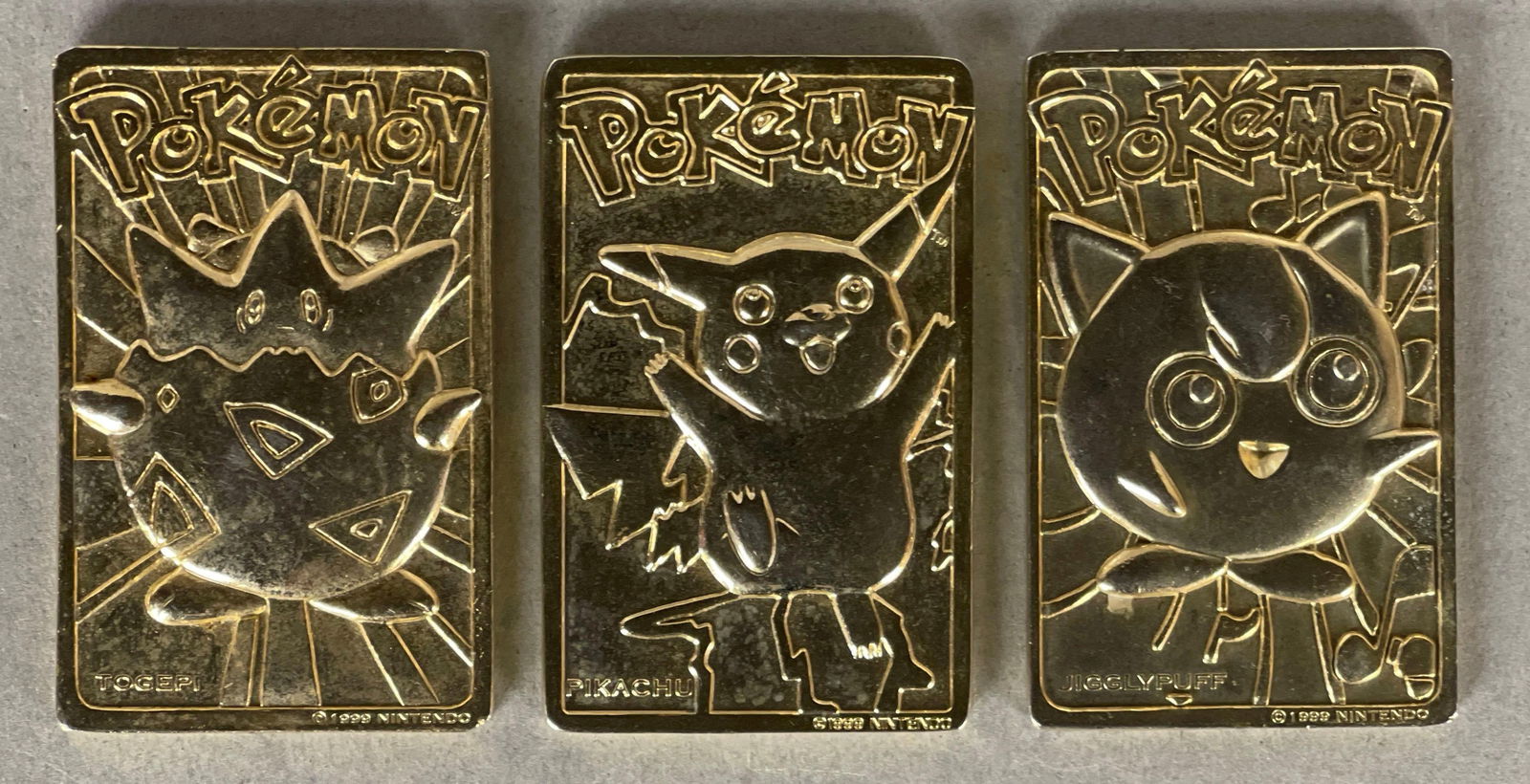 3 - 1999 Pokemon Burger King 23kt Gold Plated Cards: Pikachu, Jiggly Puff, and Togepi, Plate measures 1 3/4 x 2 3/4 Inches