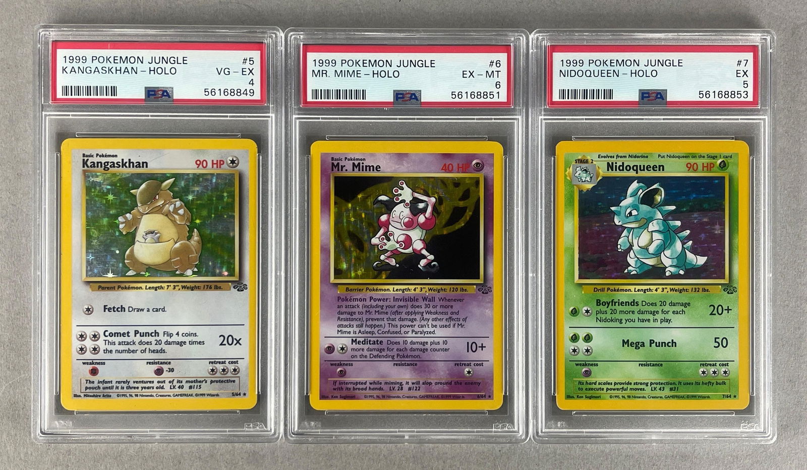 3 - 1999 Pokemon Holo Jungle PSA Cards: Holo Kangaskhan #5 PSA 4, Holo Mr. Mime #6 PSA 6, Holo Nidoqueen #7 PSA 5