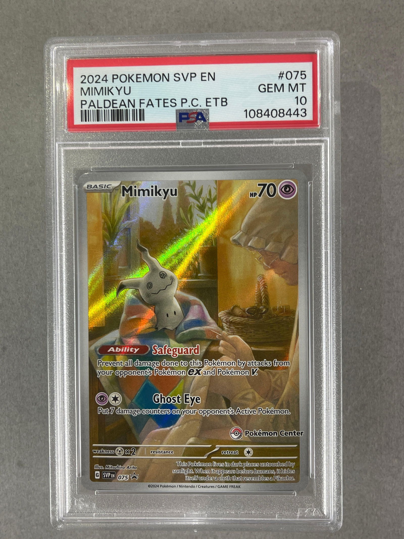 2024 Pokemon Scarlet and Violet Paldean Fates Pokemon Center Elite Trainer Box Mimikyu #075 PSA 10: 2024 Pokemon Scarlet and Violet Paldean Fates Pokemon Center Elite Trainer Box Black Star Promo Mimikyu #075 PSA 10