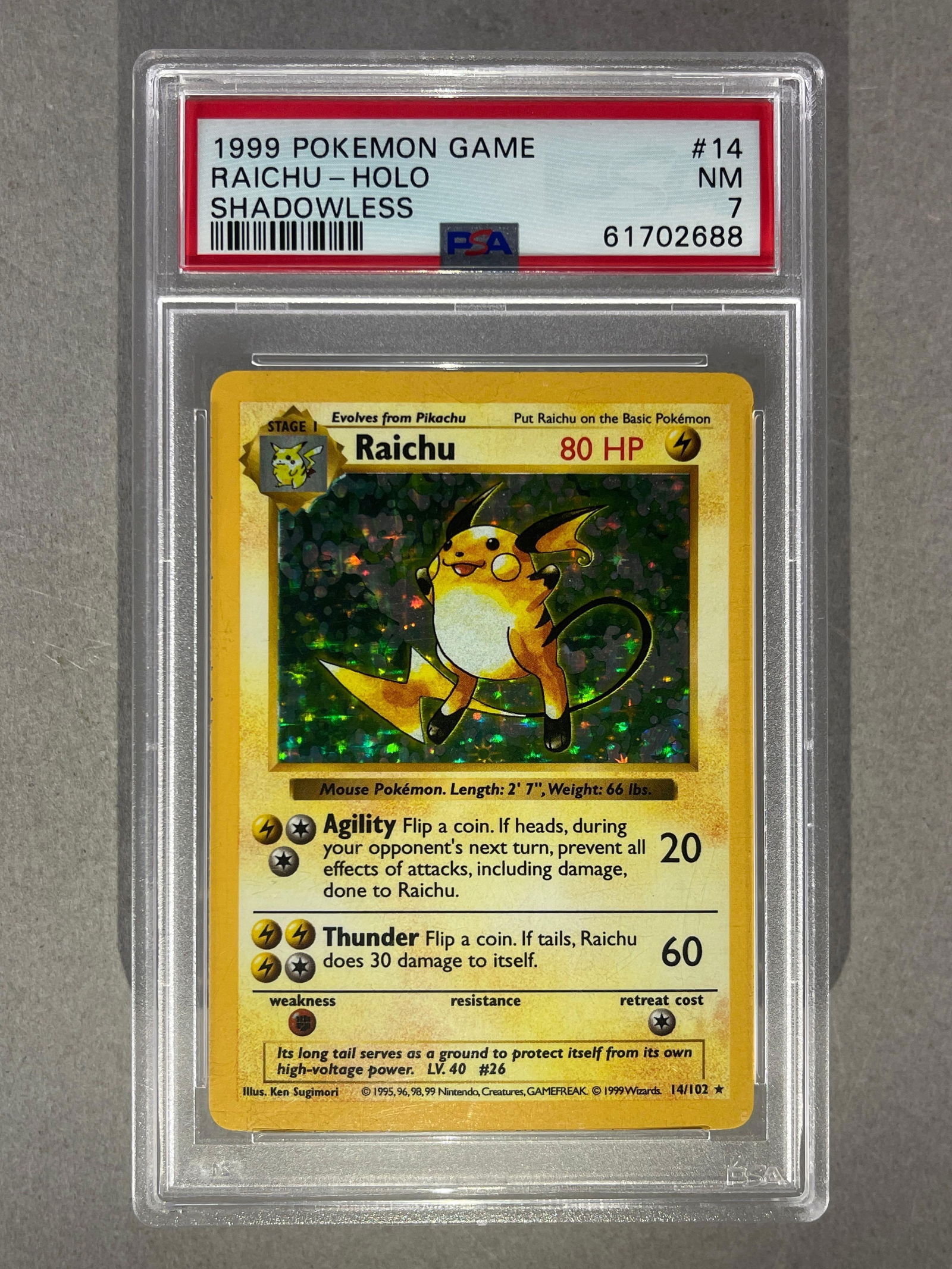 1999 Pokemon Game, Shadowless, Holo Raichu #14 PSA 7 (1 of 2)
