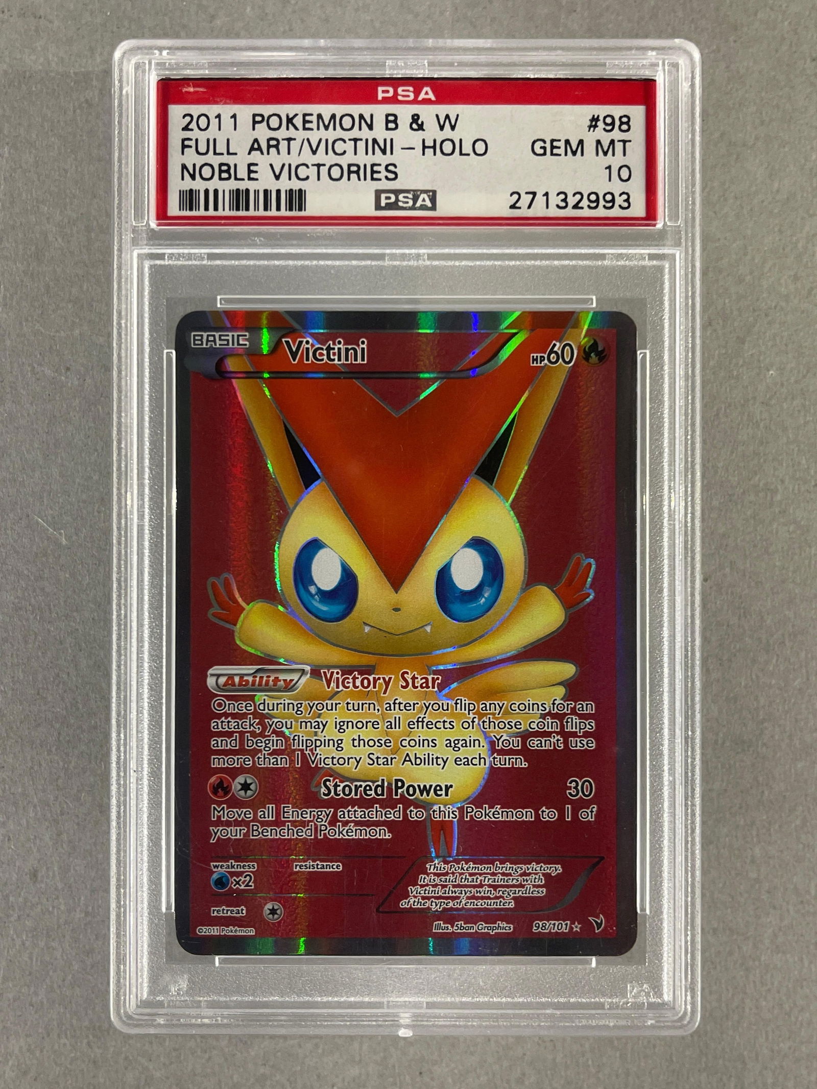 2011 Pokemon Black and White Noble Victories Full Art Holo Victini #98 PSA 10: 2011 Pokemon Black and White Noble Victories Full Art Holo Victini #98 PSA 10