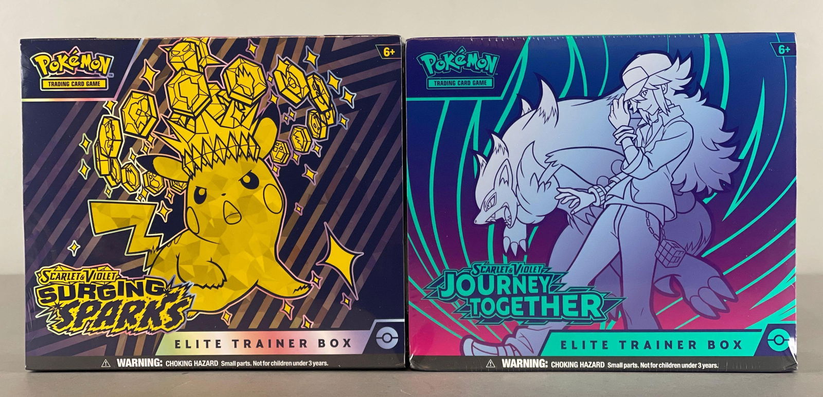 2 - 2024 - 25 Scarlet and Violet Surging Sparks and Journey Together Elite Trainer Boxes: 9 - Booster packs per box
