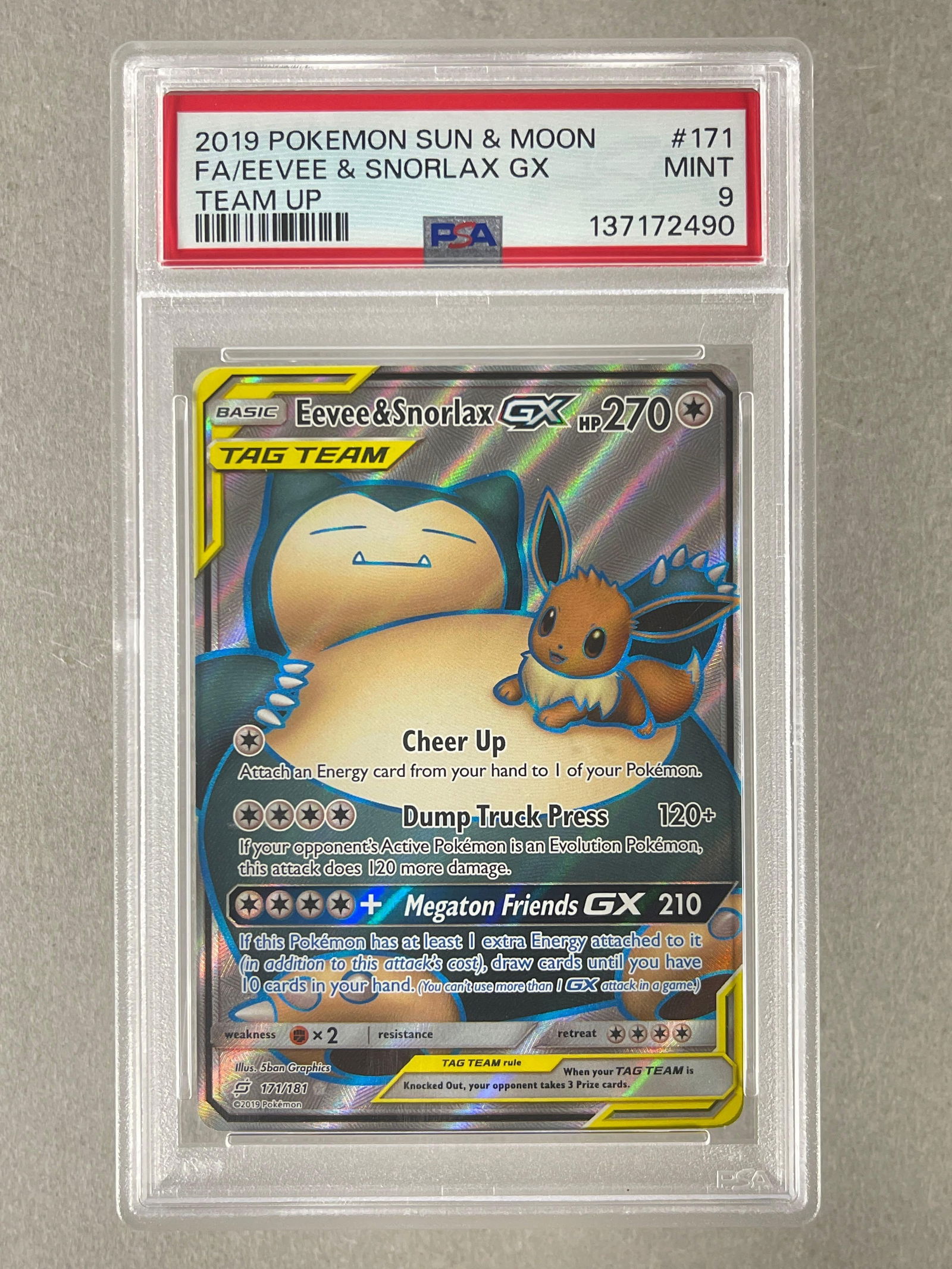 2019 Pokemon Sun and Moon Team Up Full Art Eevee an Snorlax GX #171 PSA 9 (1 of 2)