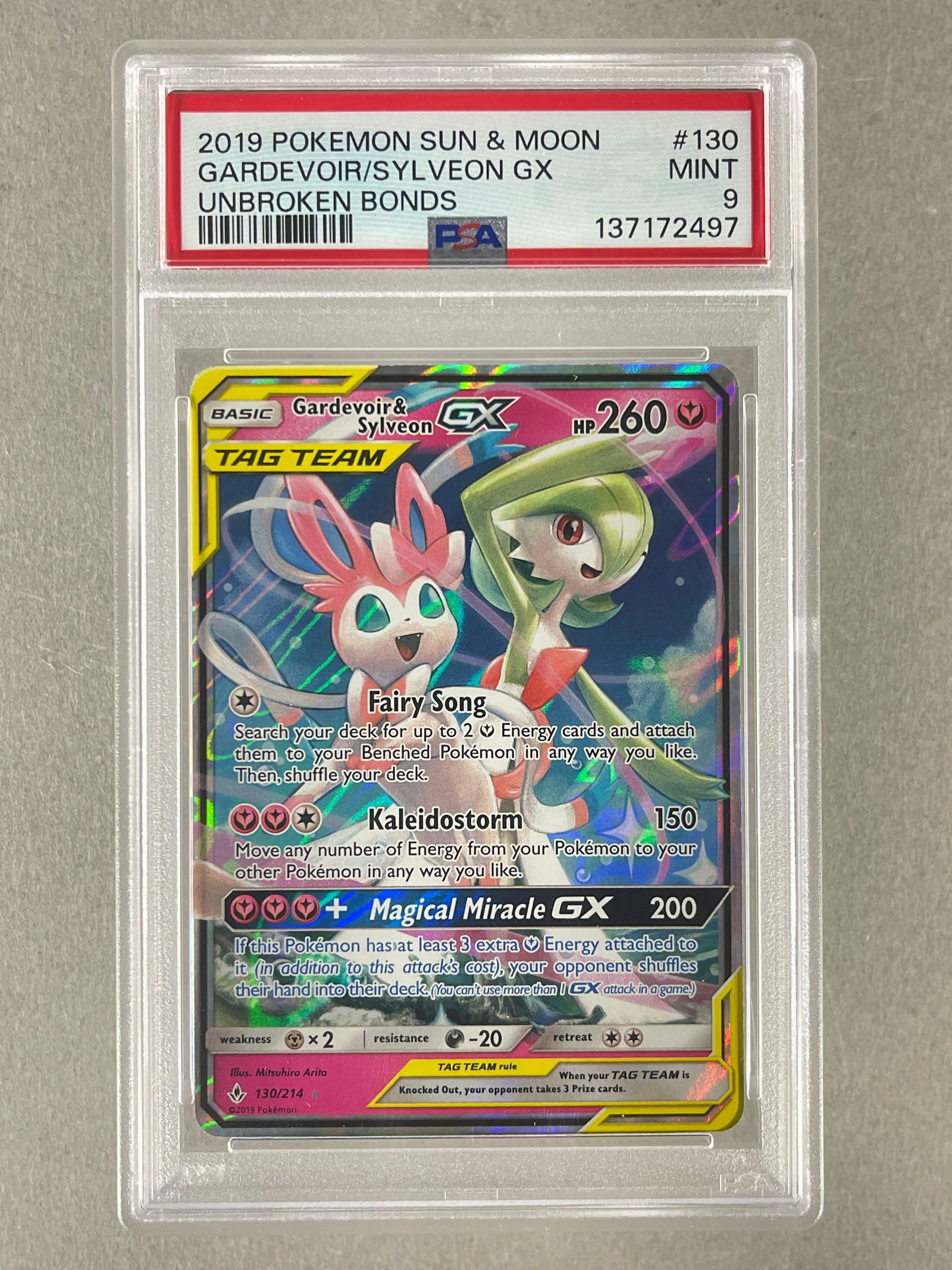 2019 Pokemon Sun and Moon Unbroken Bonds Gardevoir and Sylveon GX #130 PSA 9: 2019 Pokemon Sun and Moon Unbroken Bonds Gardevoir and Sylveon GX #130 PSA 9