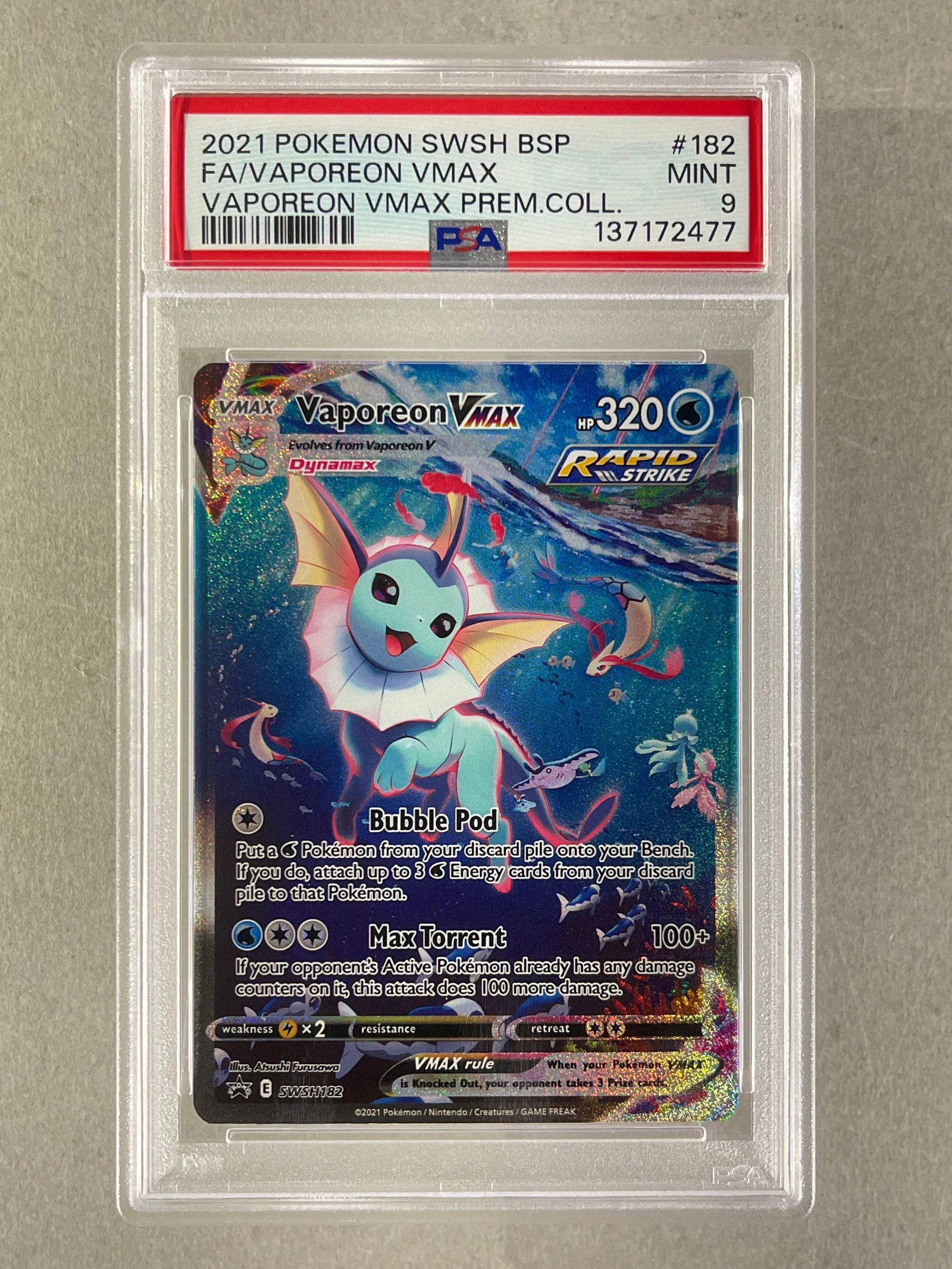 2021 Pokemon Sword and Shield Vaporeon VMAX Premium Collection Full Art Vaporeon VMAX #182 PSA 9 (1 of 2)