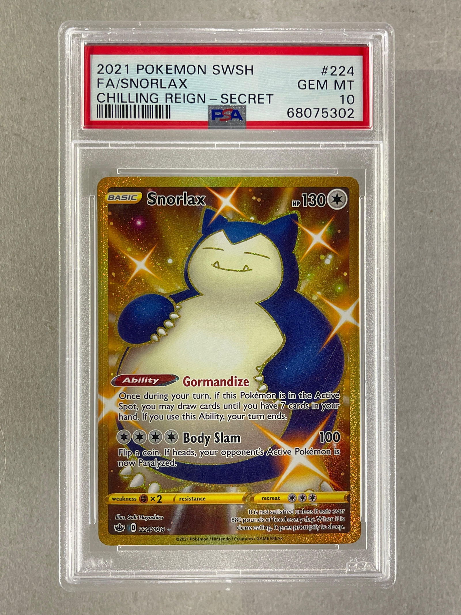 2021 Pokemon Sword and Shield Chilling Reigh Secret Full Art Snorlax #224 PSA 10: 2021 Pokemon Sword and Shield Chilling Reigh Secret Full Art Snorlax #224 PSA 10