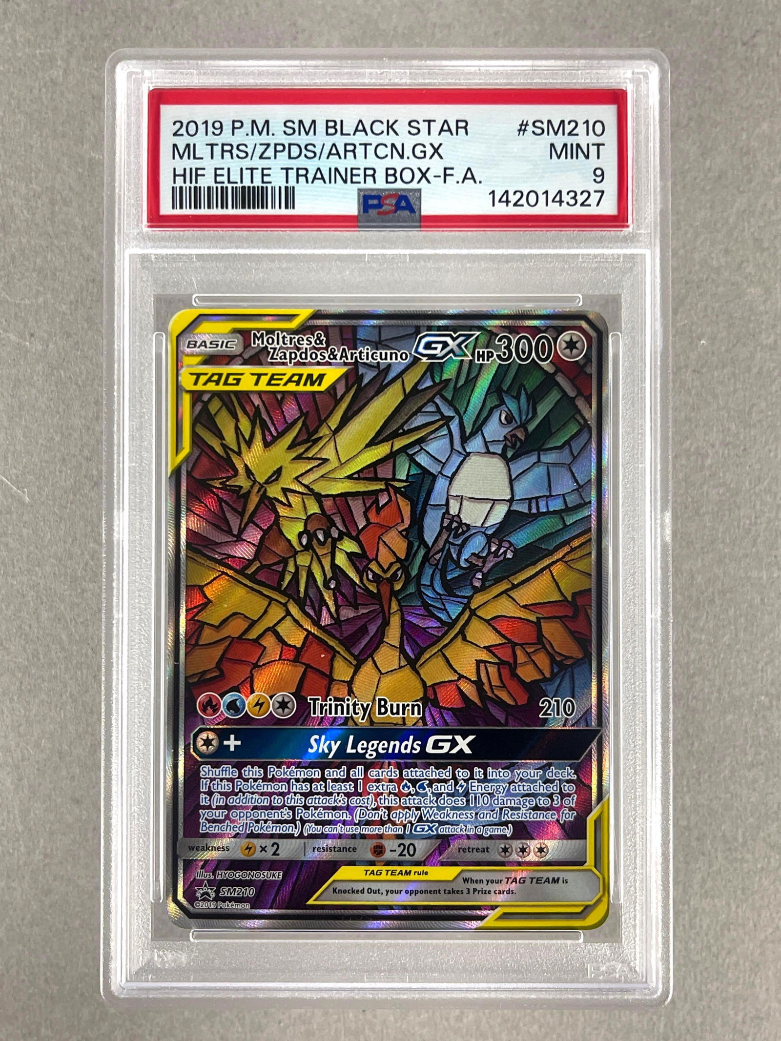 2019 Pokemon SM, Black Star Promo, Hidden Fates, ETB, FA Moltres/ Zapdos/ Articuno GX #SM210 PSA 9 (1 of 2)