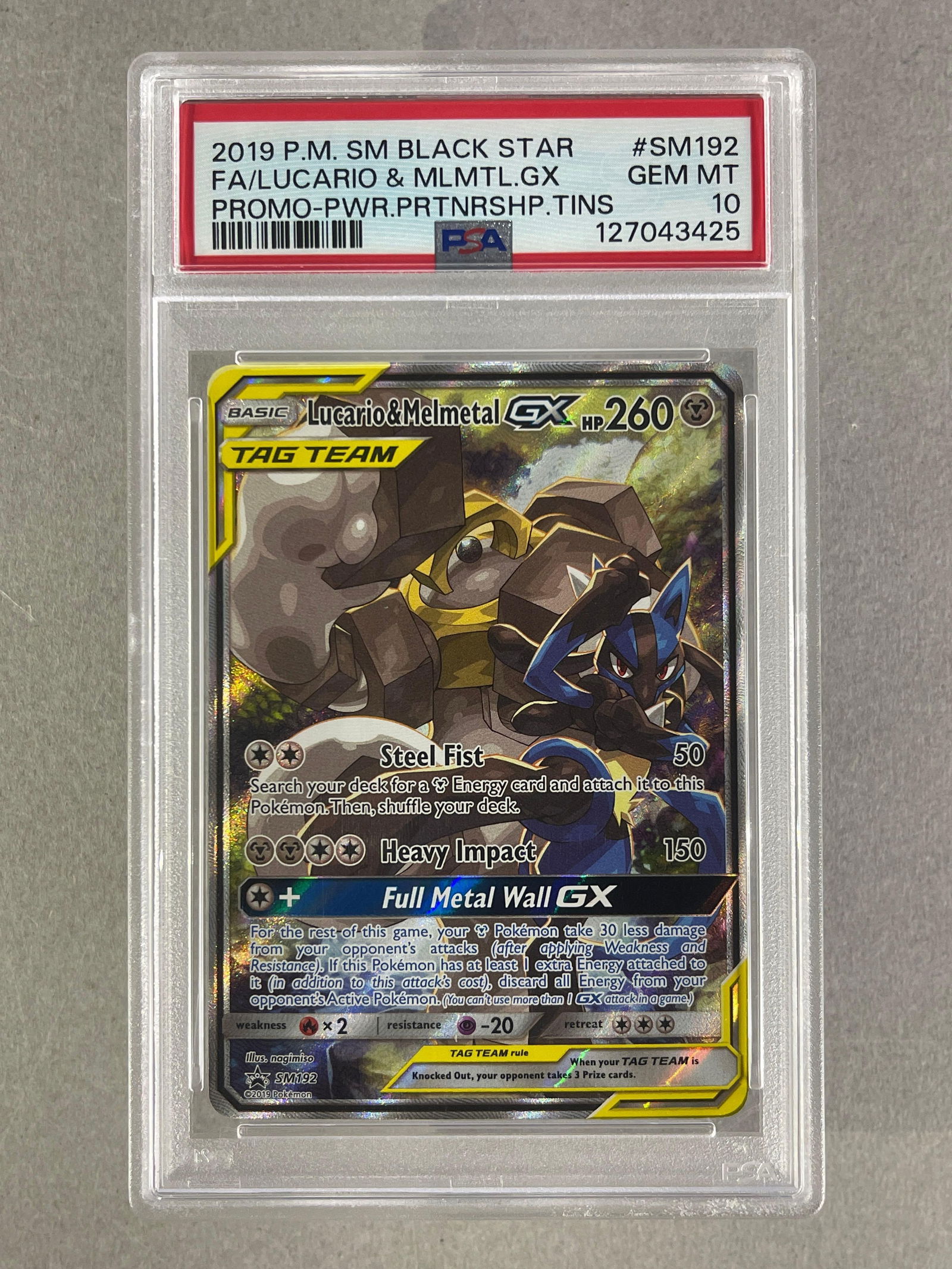 2019 Pokemon SM Black Star Power Partnership Coll. Tins - Promo FA Lucario and Melmetal GX #SM192: 2019 Pokemon Sun and Moon Black Star Power Partnership Collector Tins - Promo Full Art Lucario and Melmetal GX #SM192