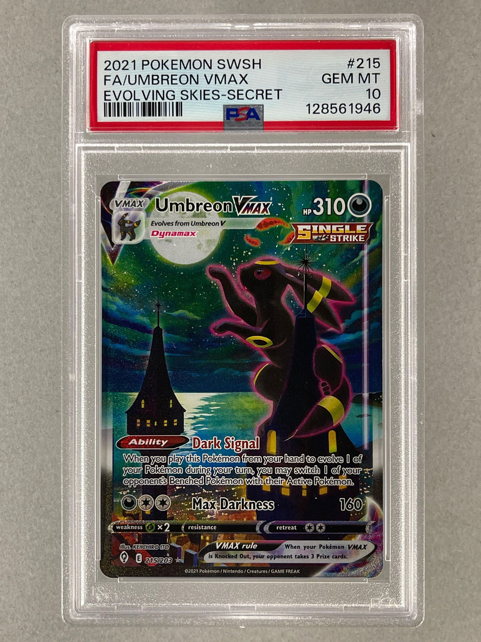 2021 Pokemon SwSH FA/ Umbreon VMAX #215 Evolving Skies - Secret PSA 10: 2021 Pokemon SwSH FA/ Umbreon VMAX #215 Evolving Skies - Secret PSA 10