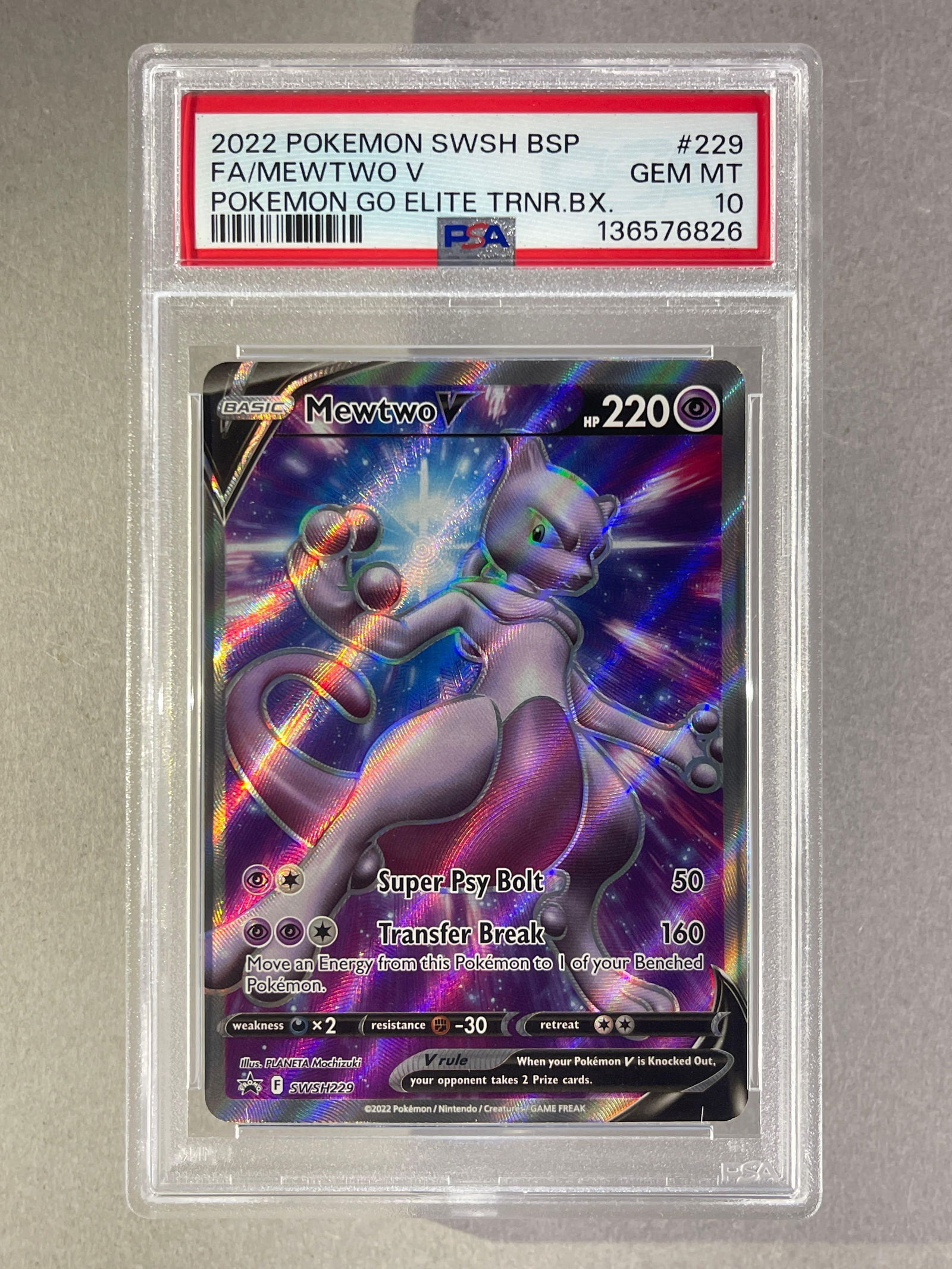 2022 Pokemon Sword and Shield Pokemon Go ETB Black Star Promo Full art Mewtwo V #229 PSA 10: 2022 Pokemon Sword and Shield Pokemon Go ETB Black Star Promo Full art Mewtwo V #229 PSA 10