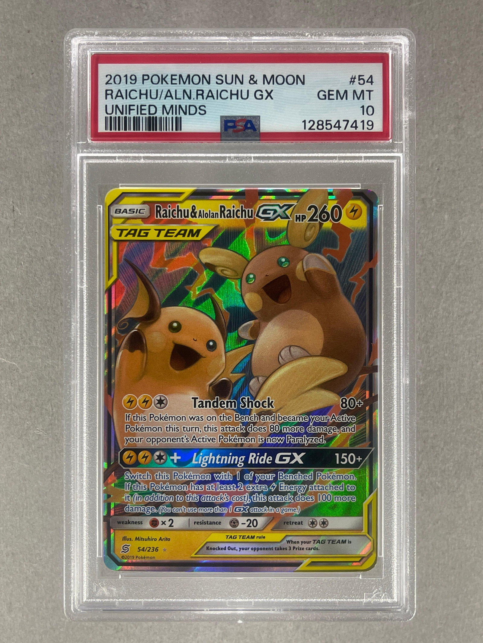 2019 Pokemon SM Unified Minds Riachu/ Alolan Raichu GX #54 PSA 10: 2019 Pokemon SM Unified Minds Riachu/ Alolan Raichu GX #54 PSA 10