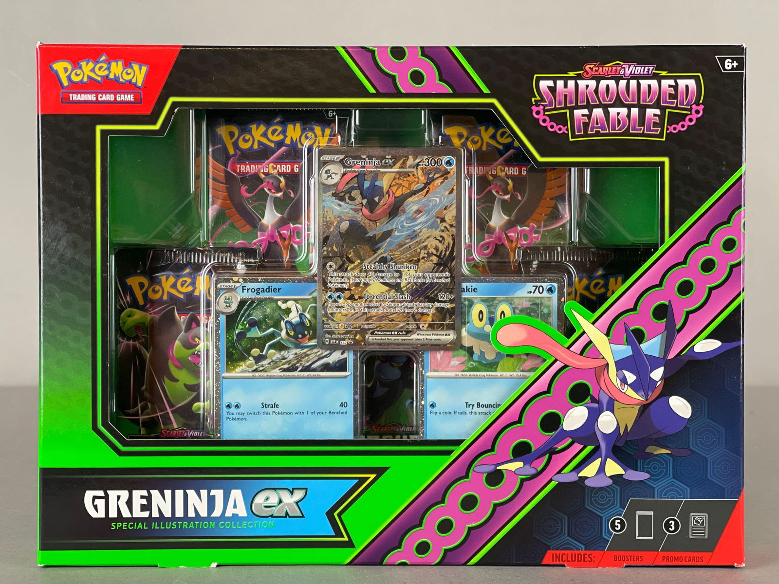 2024 Pokemon Shrouded Fable Greninja Ex Special Illustration Collection Sealed Box: Scarlet and Violet Shrouded Fable, 1 - Full art foil promo, 2 - foil cards, 5 - Booster pack