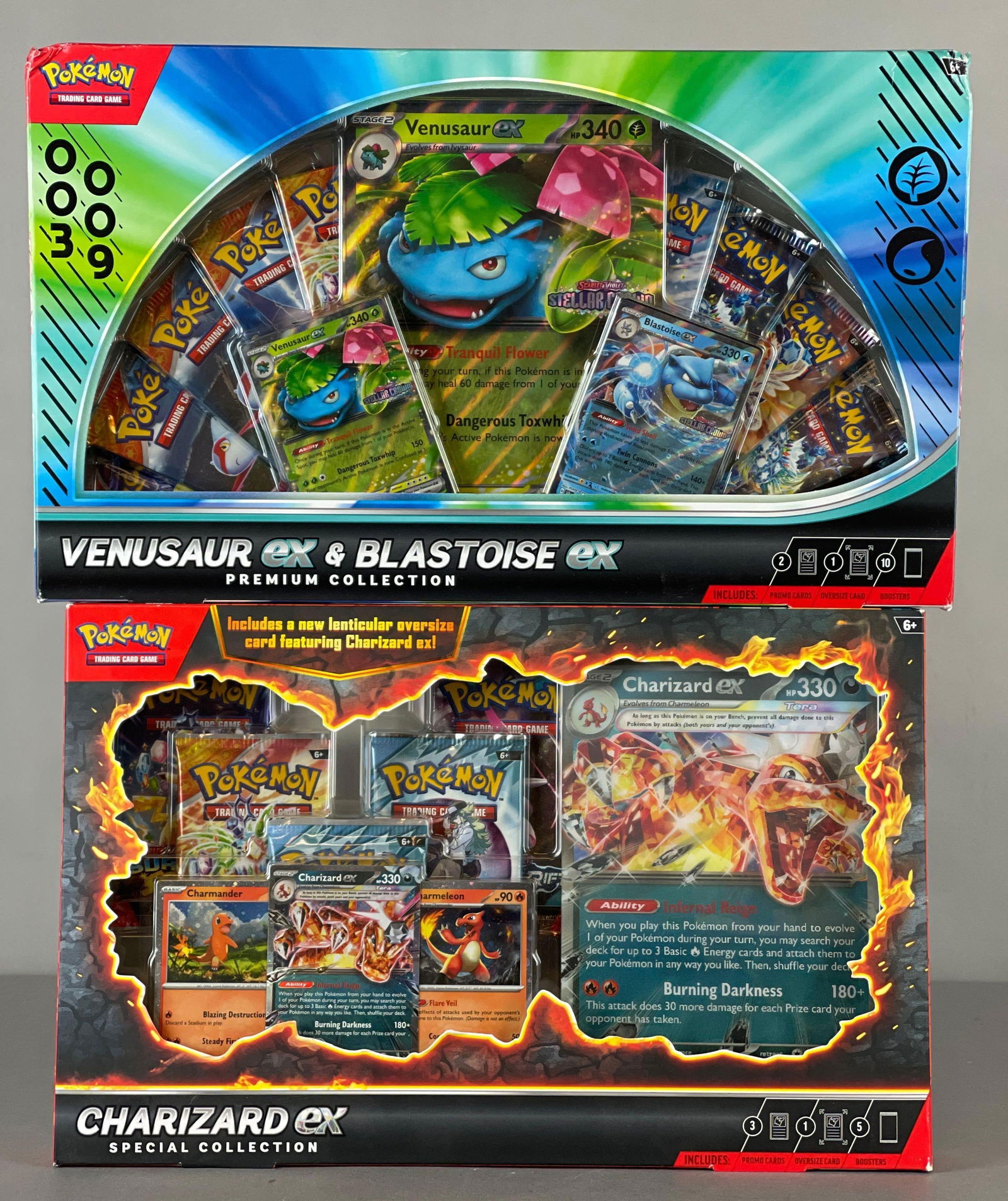2025 Pokemon Venusaur ex and Blastoise ex Premium Coll. Box + Charizard ex Special Coll. Box: Venusaur ex and Blastoise ex includes 2 -Foil cards, 1 - Oversized card, and 10 - Booster Packs, Charizard ex includes 1 Eched foil promo, 2 - Foil cards, 5 - Booster packs, 1 oversized Linticular, an